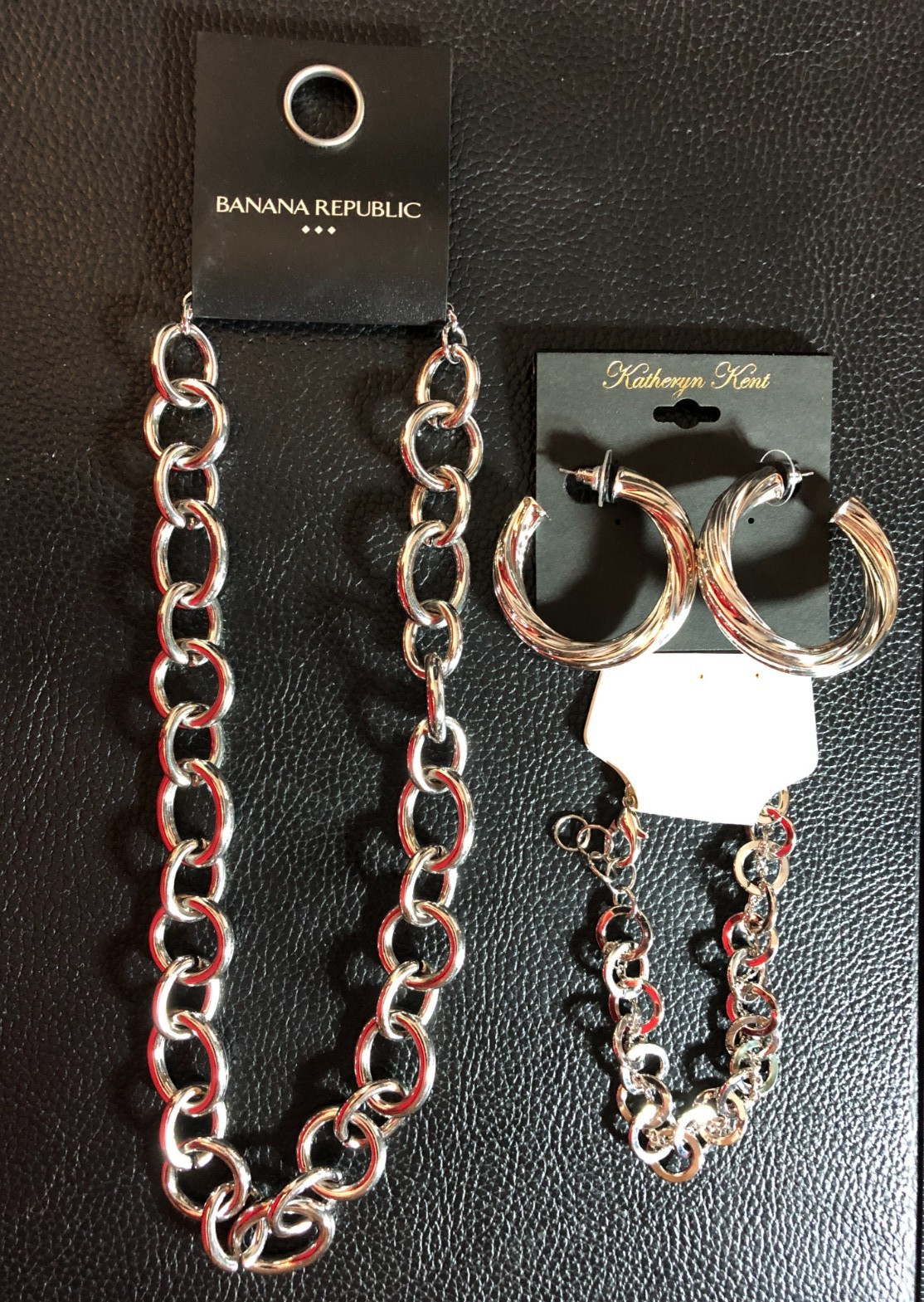 BANANA REPUBLIC Silver Rolo Chunky Chain Necklace +Hoop Earrings Bracelet 8572