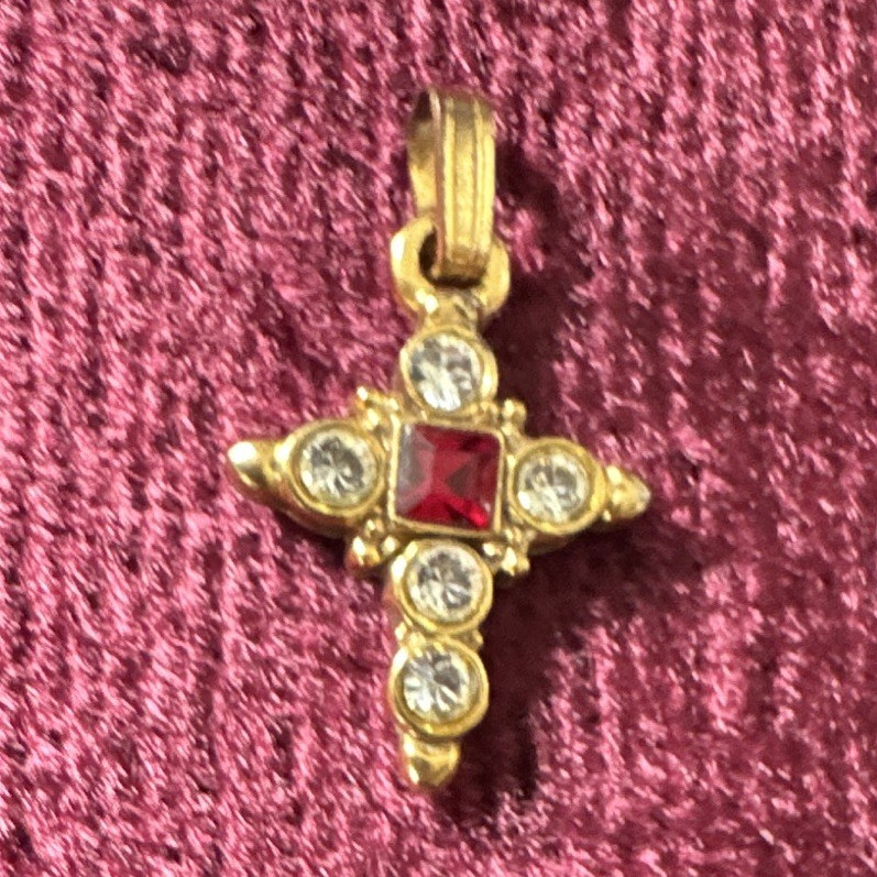 Vatican Library Signed Gold Tone Cross Charm Pendant Red Square Stone Clear