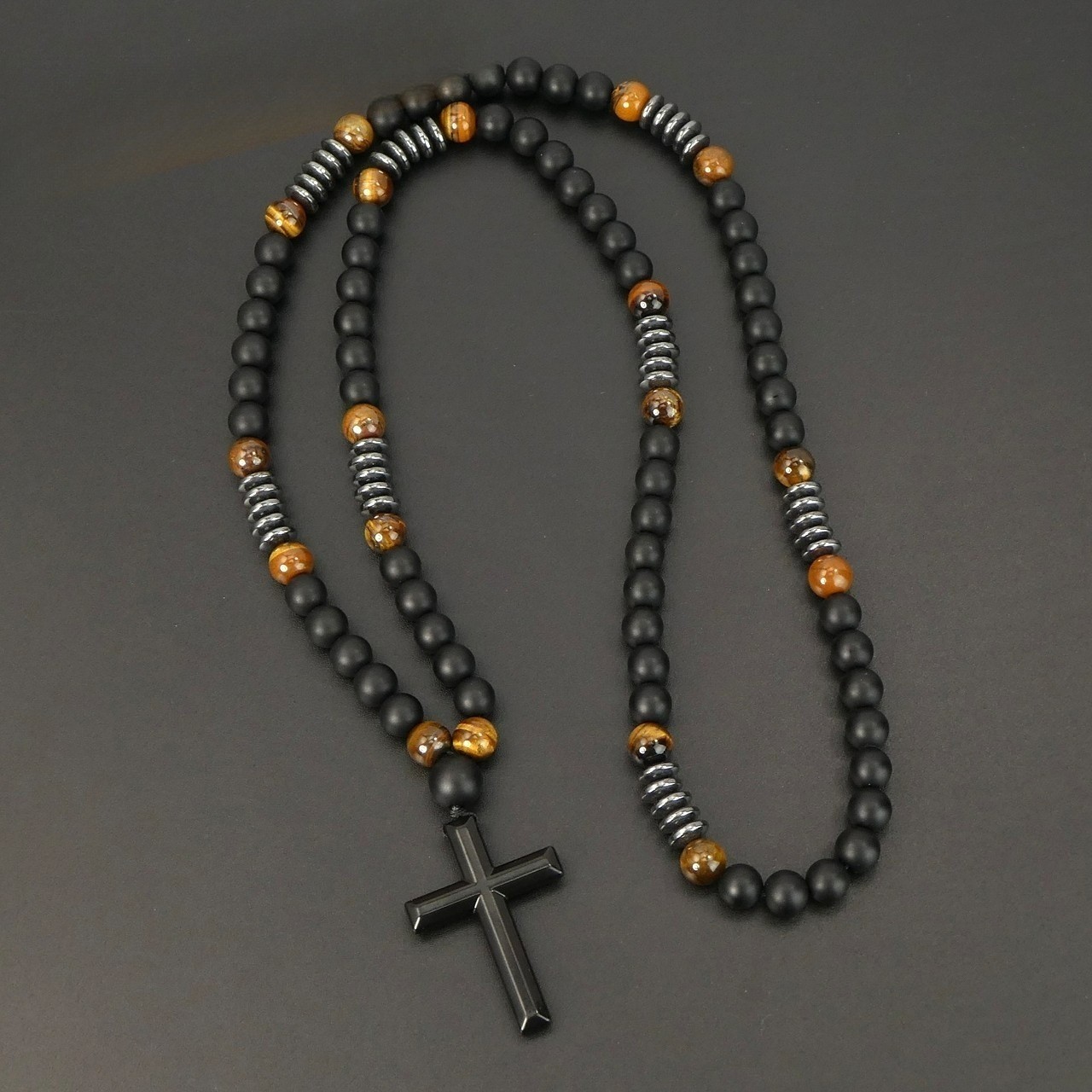 Black Obsidian Tiger Eye Black Alloy Cross Pendant Necklace Men Women Gift New