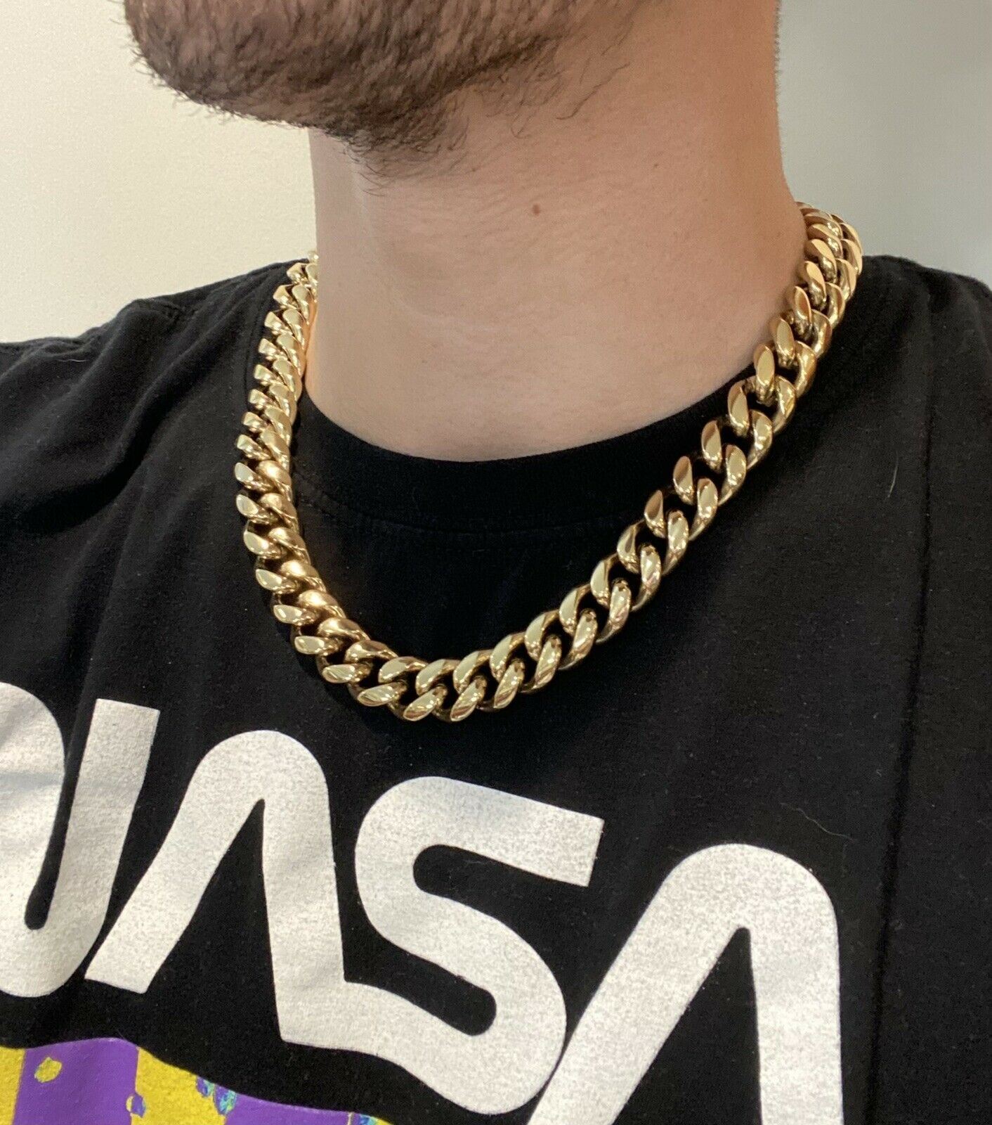 Miami Cuban Link Chain 16mm Box Clasp 14k Gold Plated Stainless Steel 20″ Choker
