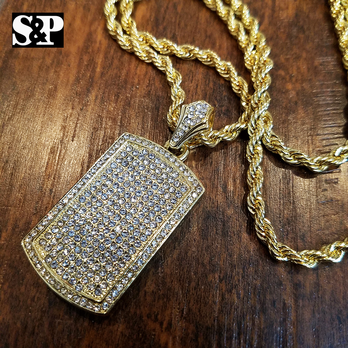 14K GOLD PLATED ALLOY CUBIC ZIRCONIA DOG TAG PENDANT & 24″ ROPE CHAIN NECKLACE