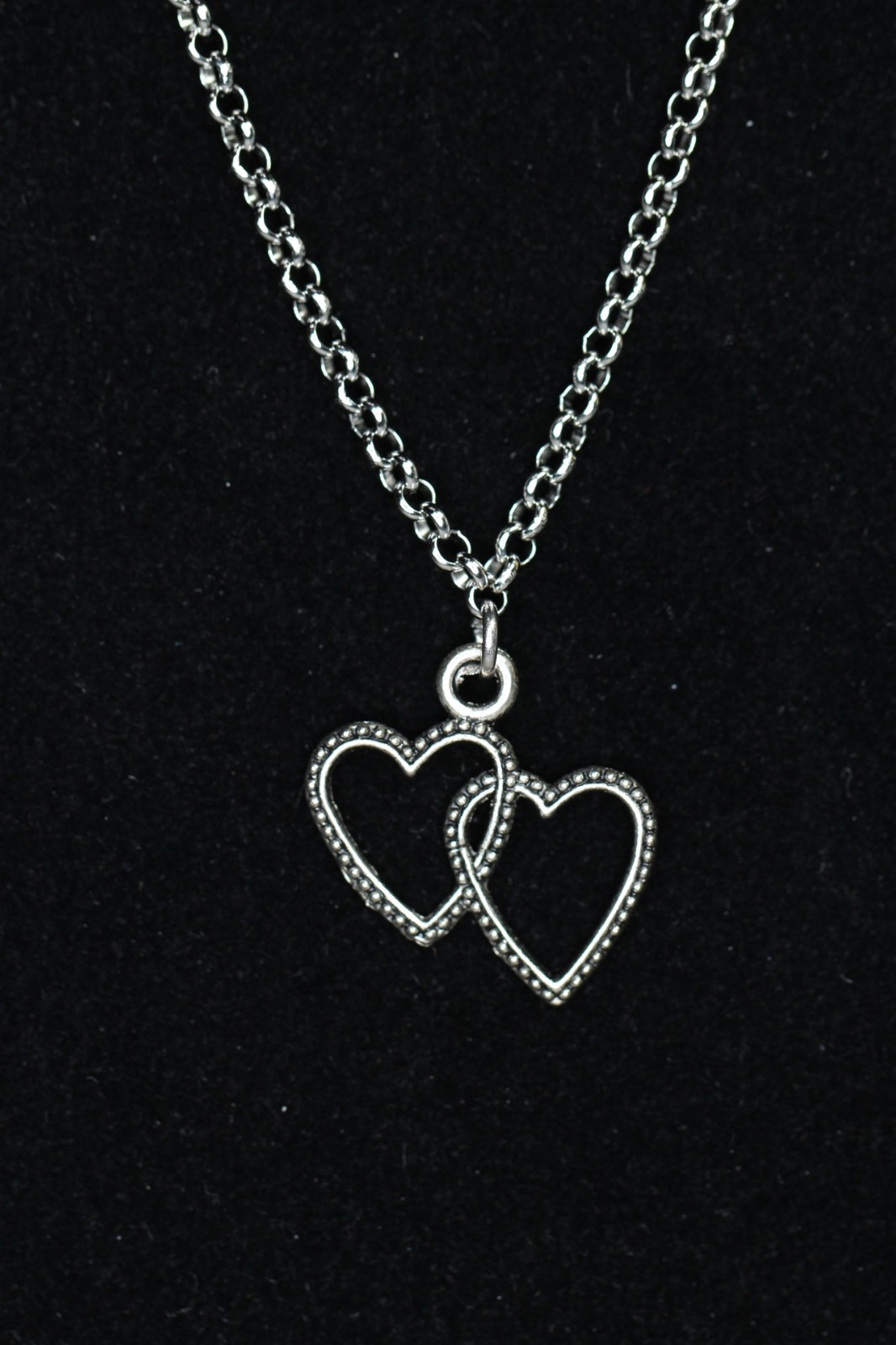 Hearts Necklace Silver Pewter Charm 1″ Pendant 3mm Stainless Chain 18″ Joined