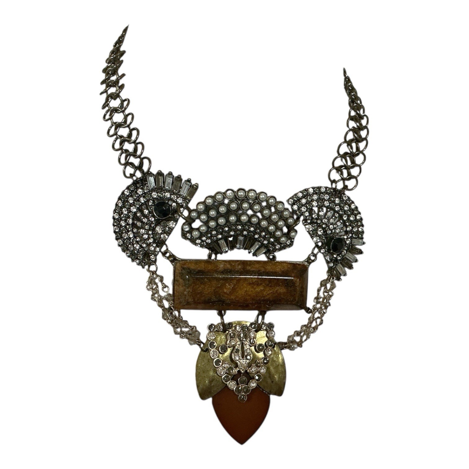 Art Deco Tiger’s Eye Resin faux pearl and clean rhinestone statement necklace