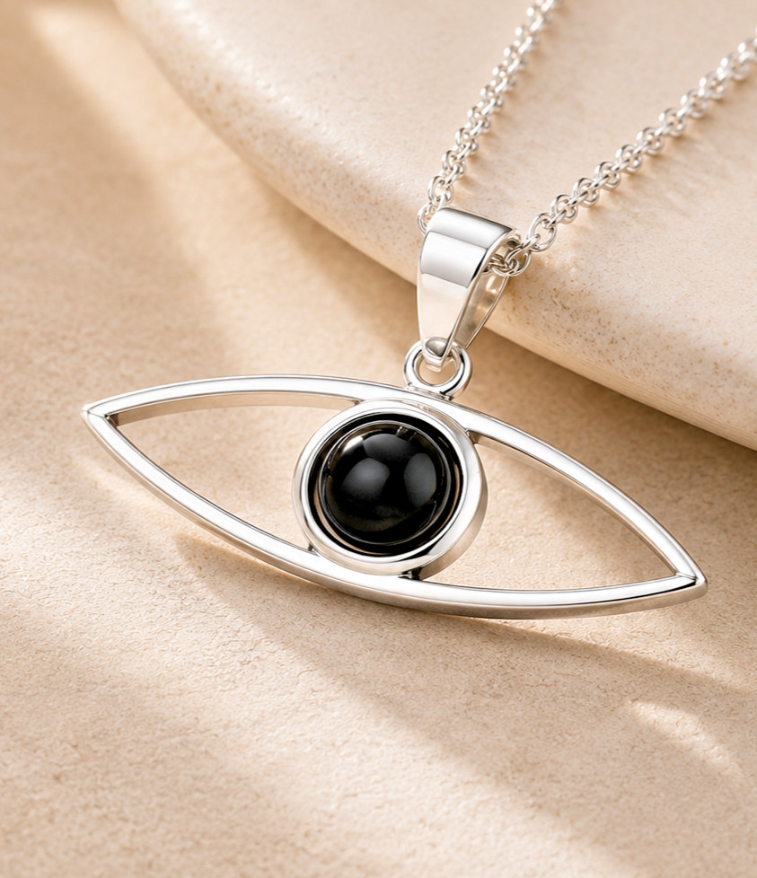925 Sterling Silver Black Onyx Evil Eye Pendant Handmade Protection Jewelry