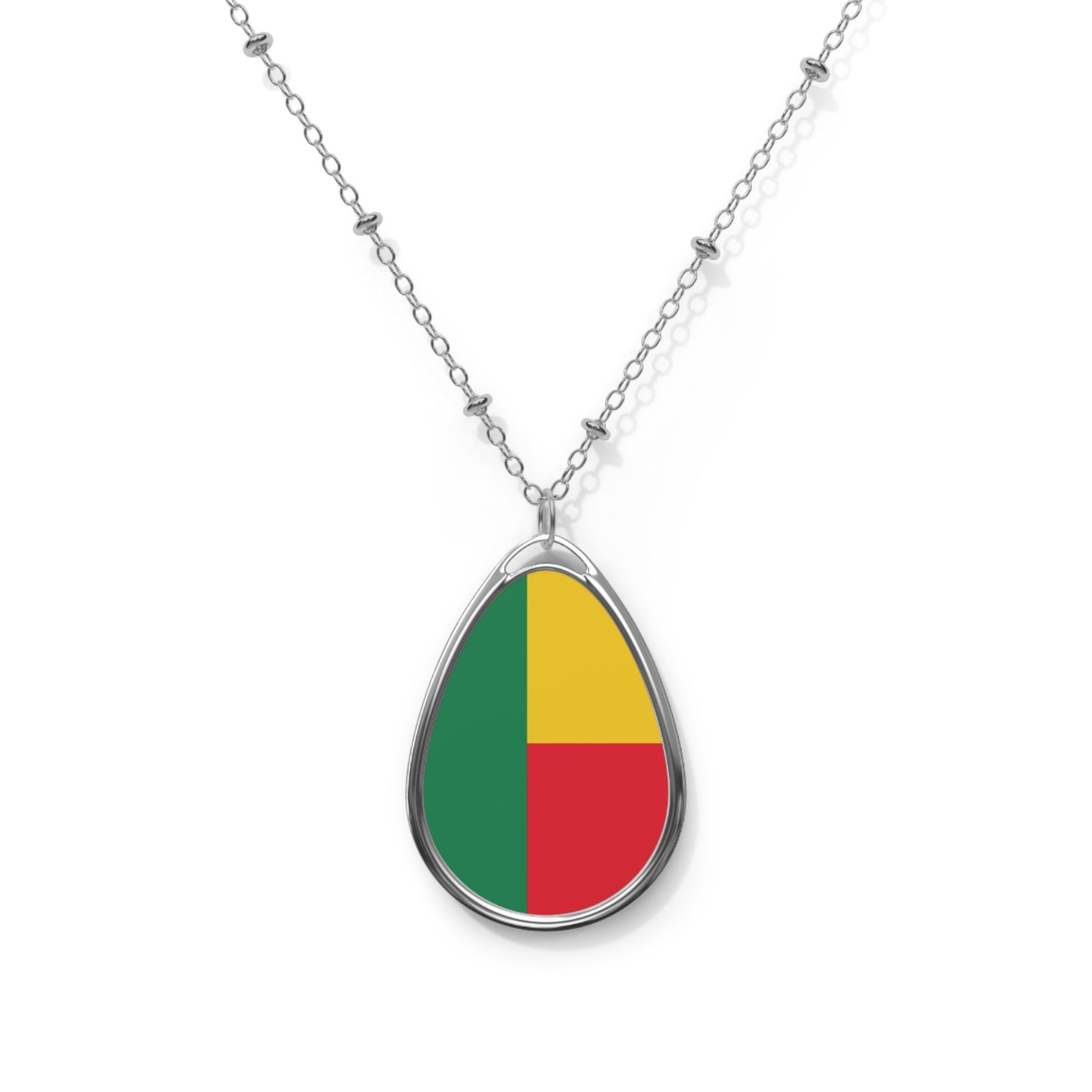 Benin Flag Oval Necklace – Beninese Heritage Pendant – One Size / Silver