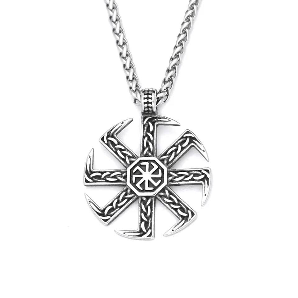 Vintage Stainless Steel Sun Wheel Symbol Pendant Necklace Retro Unisex Fashion J