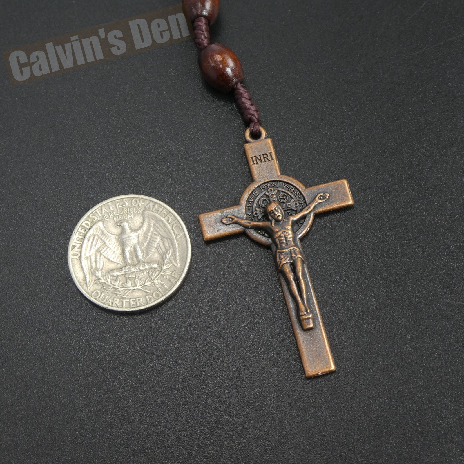 Coffee Brown Oval Wood Bead Antique Brass Crucifix Rosary Necklace Five Decade