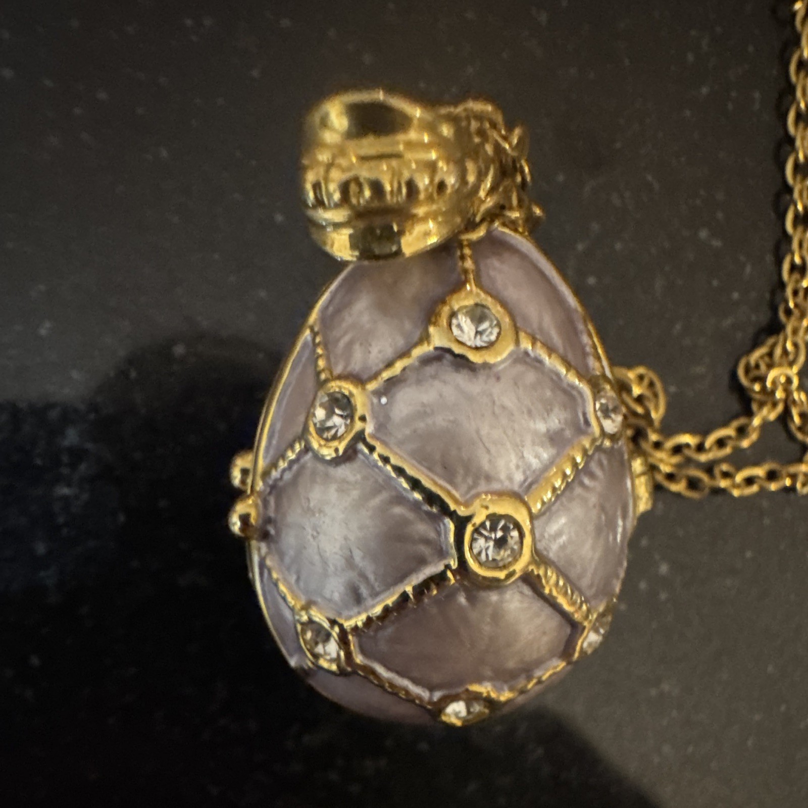 Gold Tone Purple Egg Locket Pendant Necklace Crystal Rhinestone Cable Chain