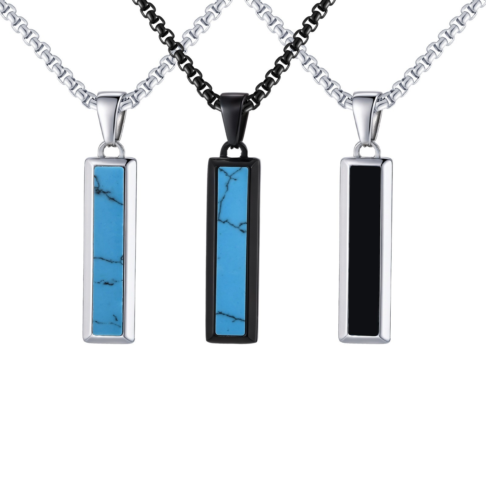 Men’s Fashion Stainless Steel Agate and Turquoise Geometric Bar Pendant Necklace
