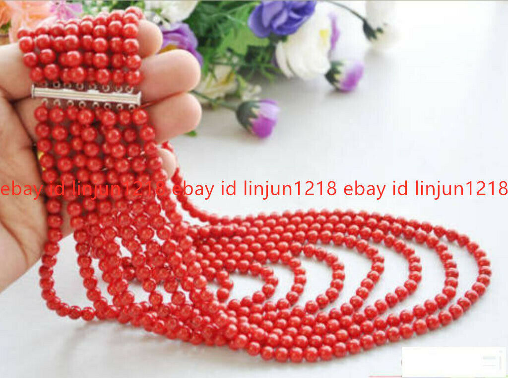 Real Narutal 8 Row 6mm Red Round Coral Bead Necklace & Bracelet 17-24 in