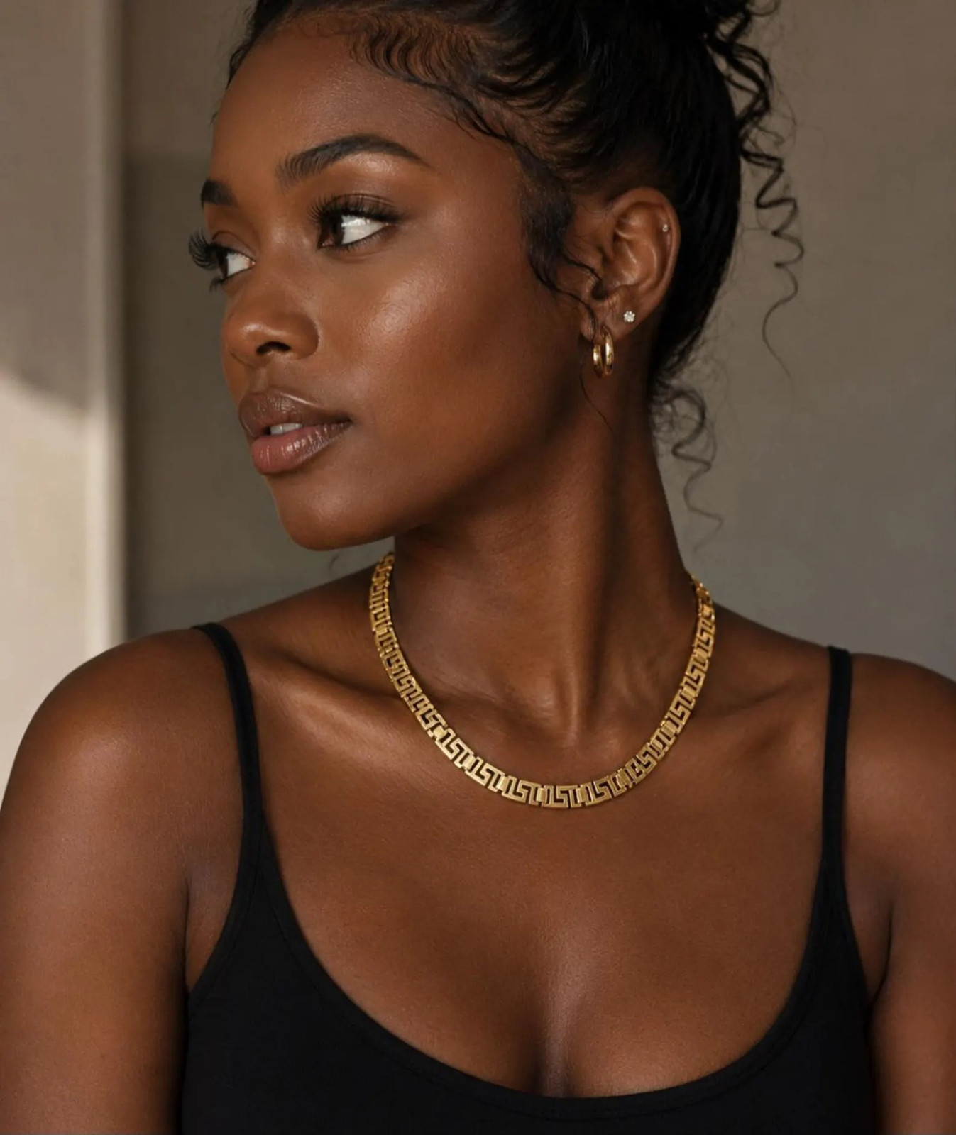 14k Gold Plated Greek Key Necklace, Diamond Cut Satin Finish Choker Unisex