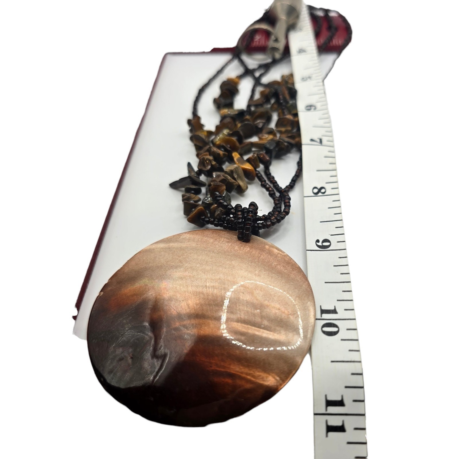 Vintage Necklace Harvest Moon Like Design Shell Pendant Handmade Beaded SKU 3030