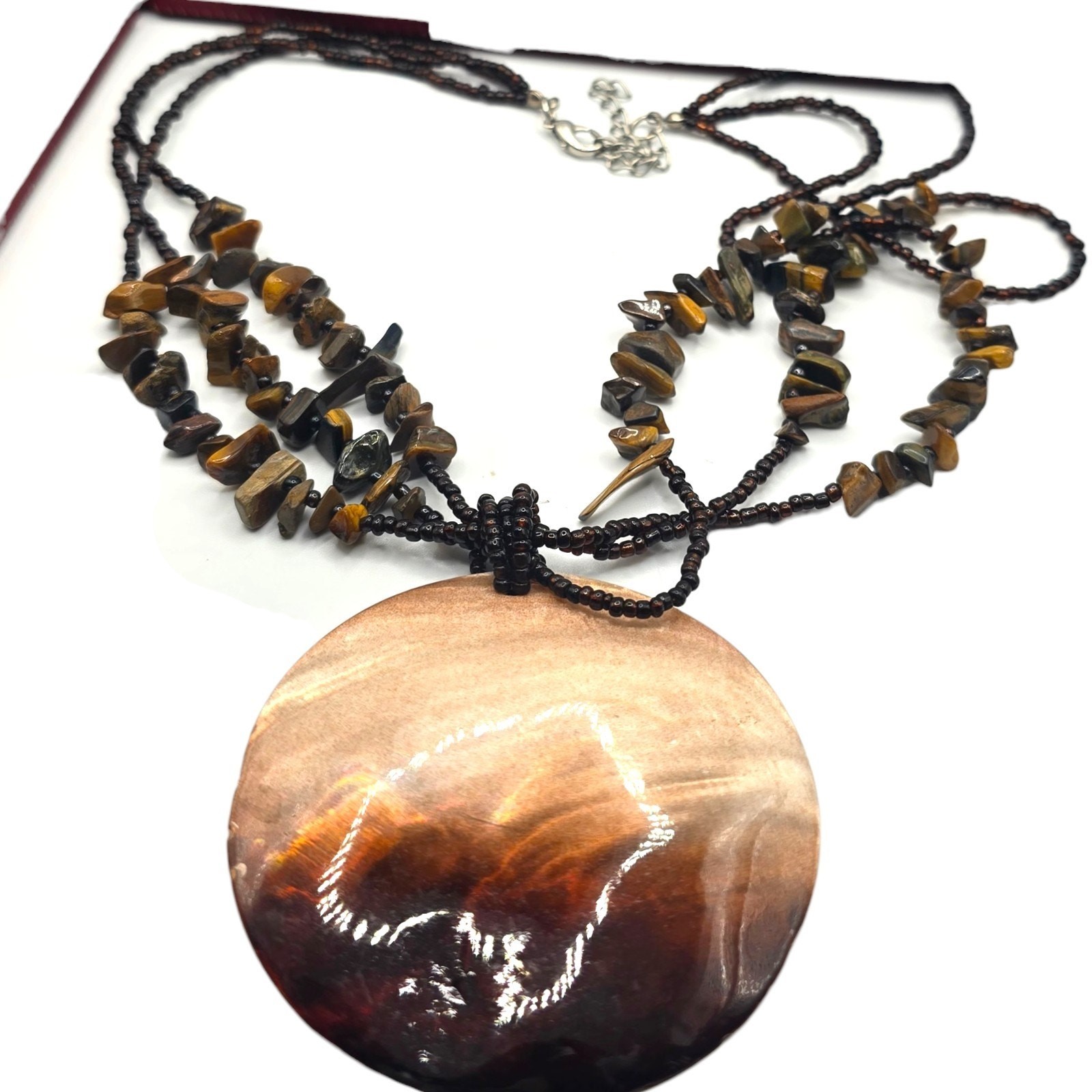 Vintage Necklace Harvest Moon Like Design Shell Pendant Handmade Beaded SKU 3030