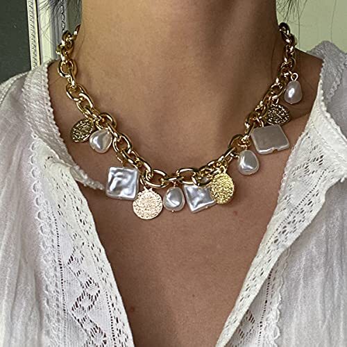 Punk Cuban Link Chain Choker Necklace with Irregular Pearl Coin Tassel Carved