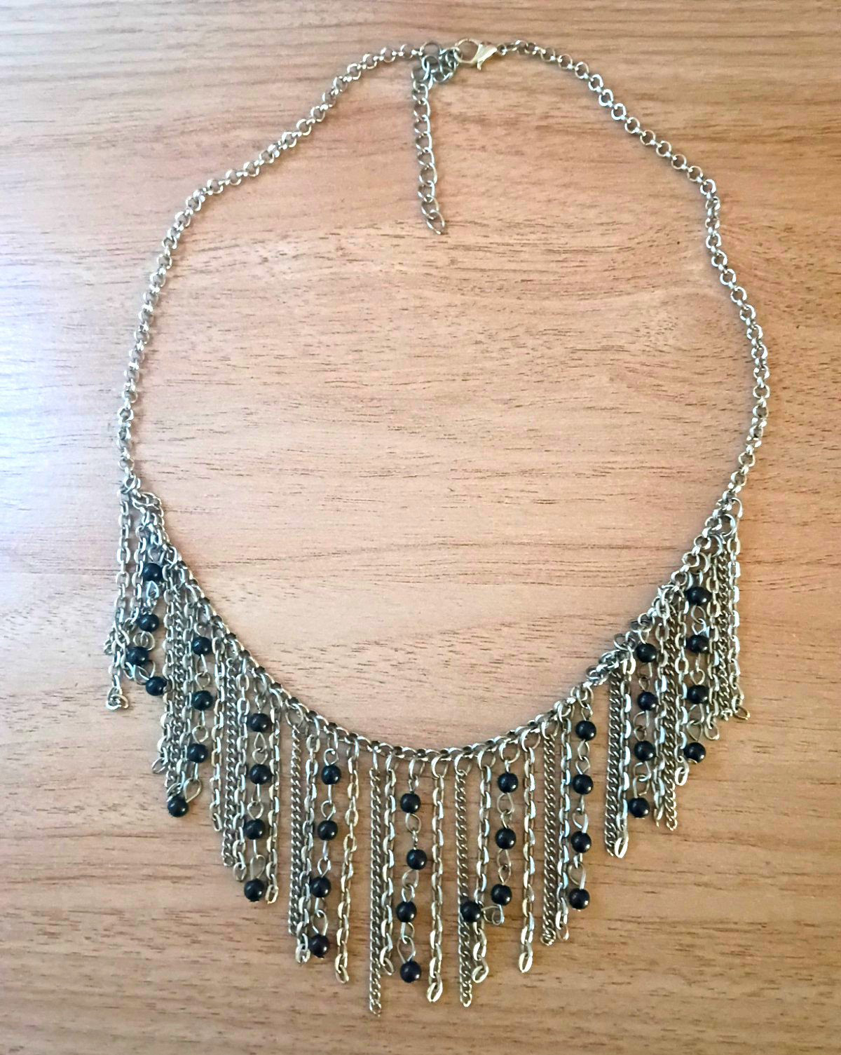 Silver Tone Black Bead Fringe Necklace, Cable Chain Metal Lobster Clasp
