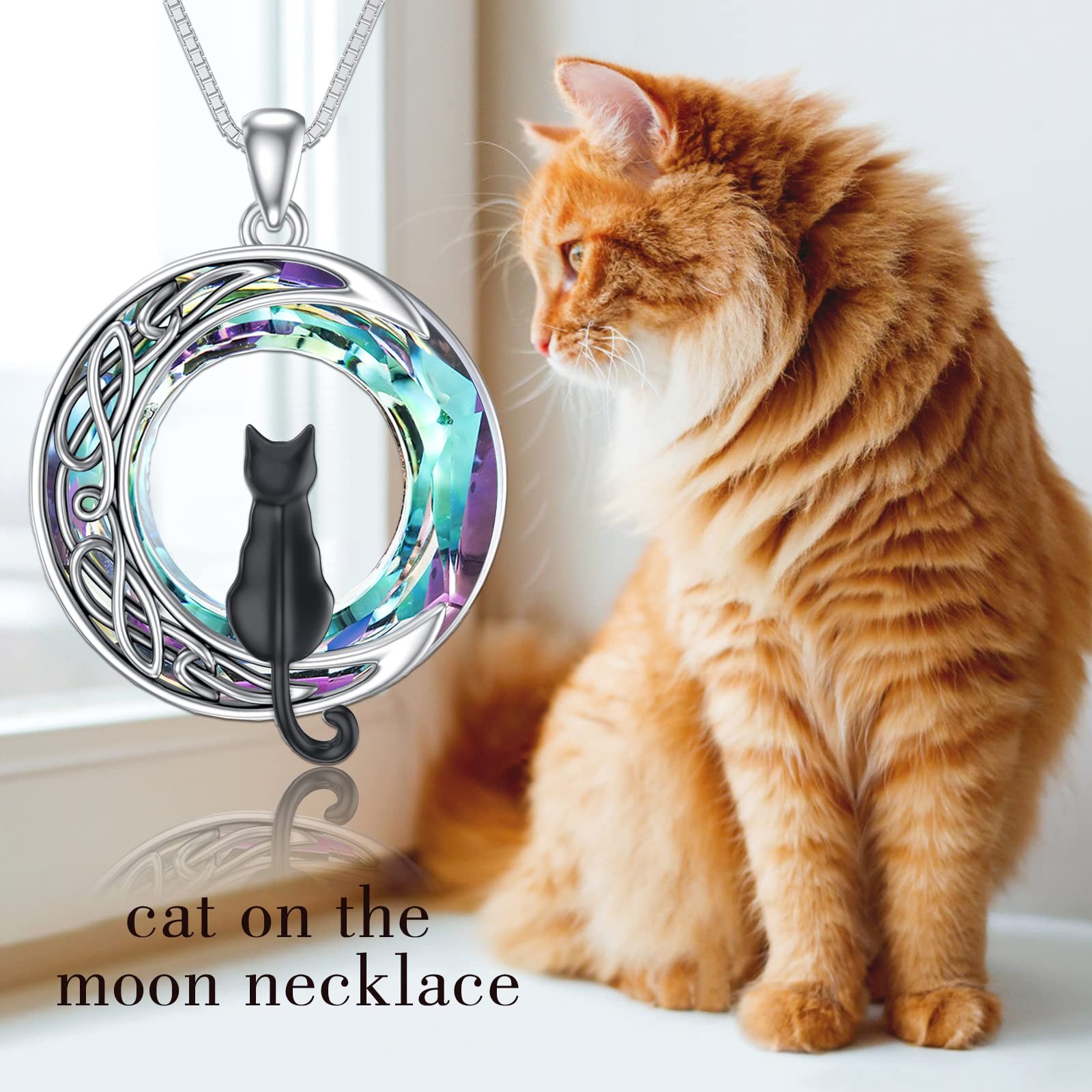 Black Cat Necklace 925 Sterling Silver Black Cat on the Moon Necklace