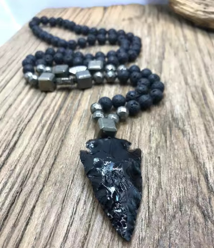 Black Obsidian Arrowhead Pendant lava Rock Pyrite Beads Meditation Necklace