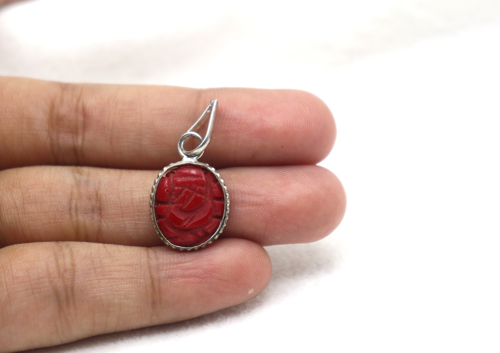 Natural Carving Coral Orange Color Gemstone German Silver pendant 1 Inch