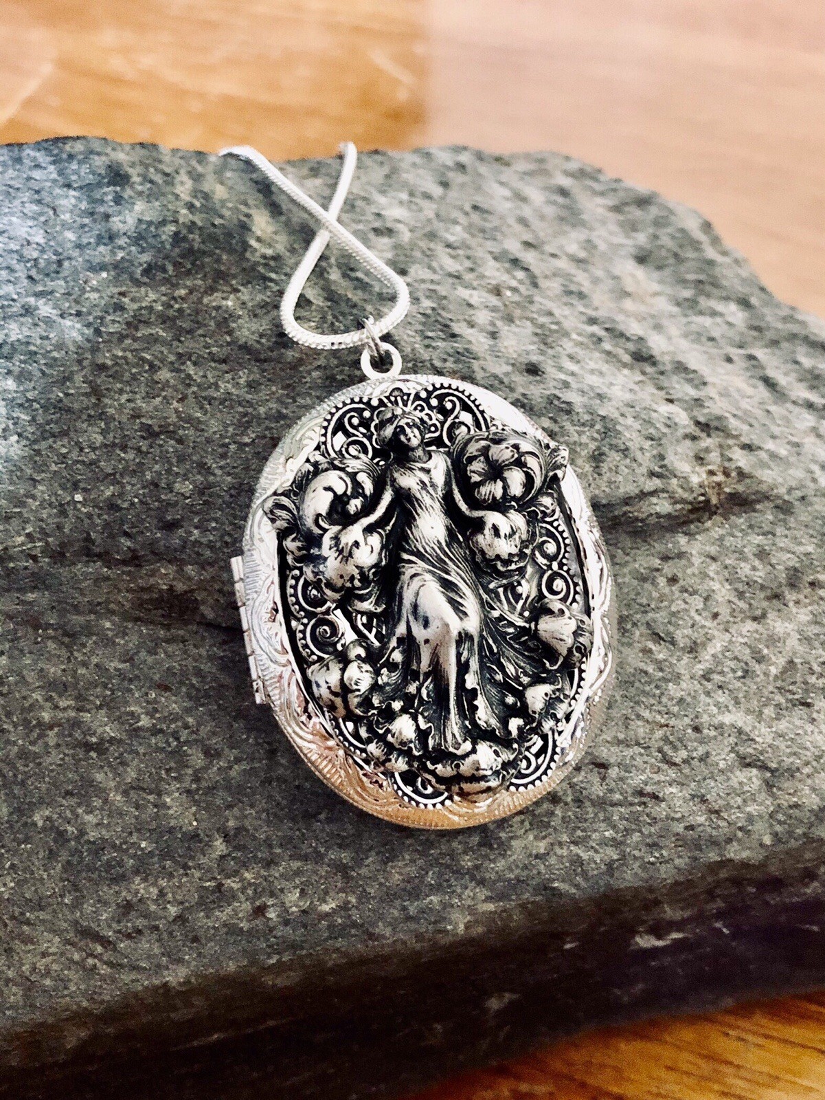 Art Nouveau Woman Locket Necklace, Photo, Memorial, Ashes, Sterling Silver Chain