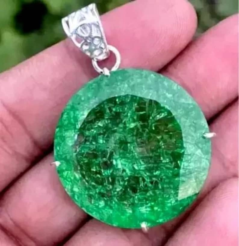 A+ Natural Certified 36 Ct Green Emerald 925 Solid Silver Pendant Loose Gemstone
