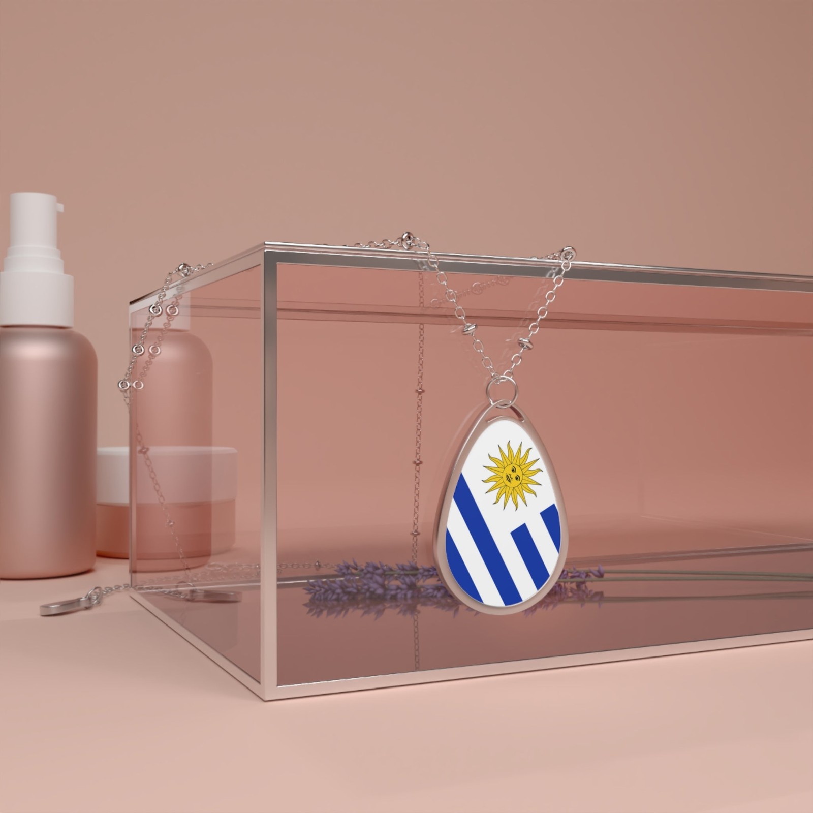 Uruguay Flag Oval Necklace – Patriotic Pendant Jewelry – One Size / Silver