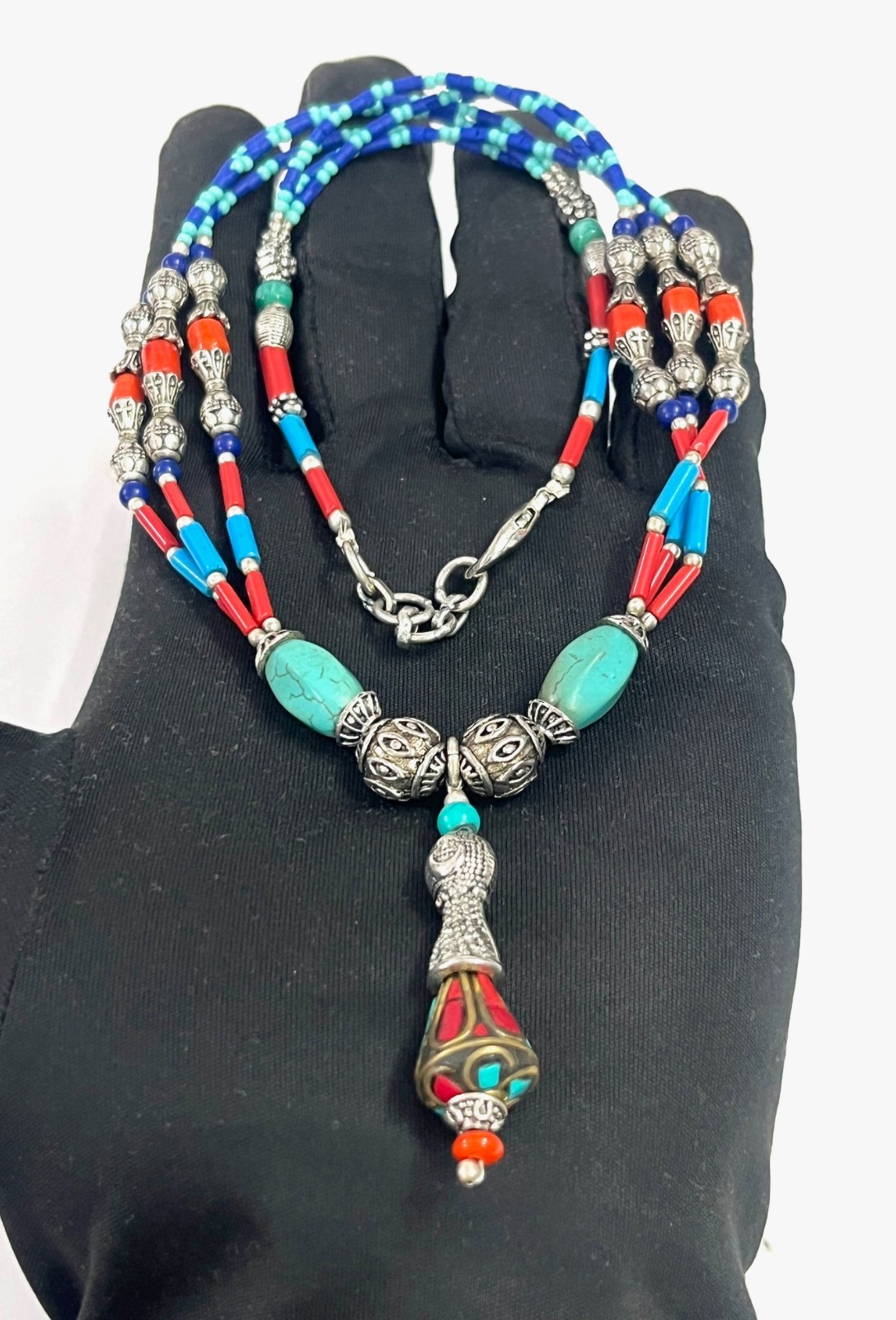 Nepalese Turquoise Coral Gemstone Tibetan Boho Necklace Jewelry, 18 inch Adj