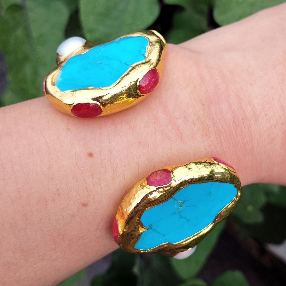 Turquoise Jade White Pearl Bangle Cuff Bracelet For Women Fashion Jewelry