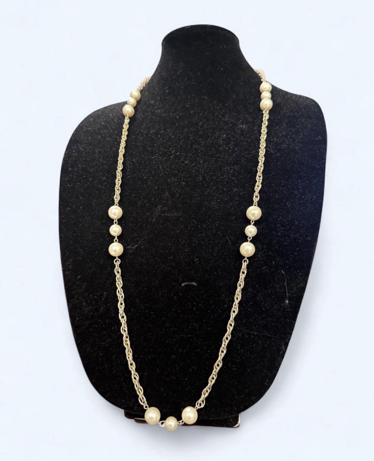 Gold Tone Cable Chain Station Necklace w/ Cream Round Imitation Pearl Beads