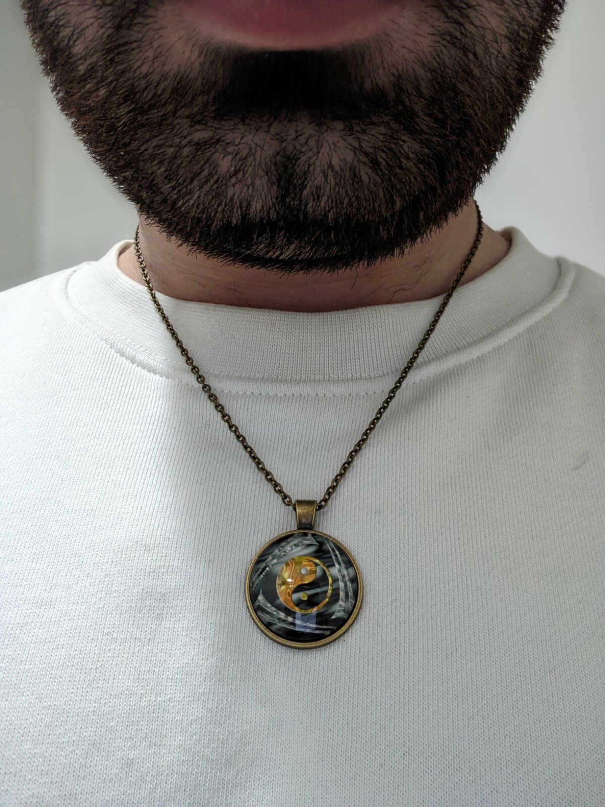 Gold Yin Yang Tai Chi Pendant Necklace Antique Bronze Chain Glass Cabochon Neck