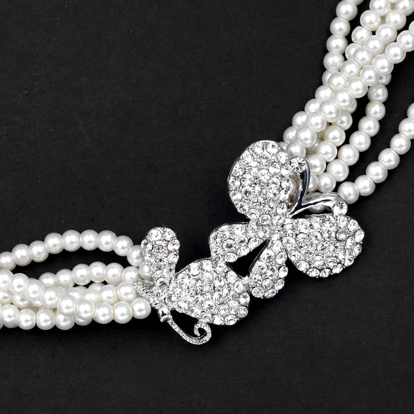 Women Elegant White Pearl Beaded Strand Layered Necklace Crystal Butterfly 1990
