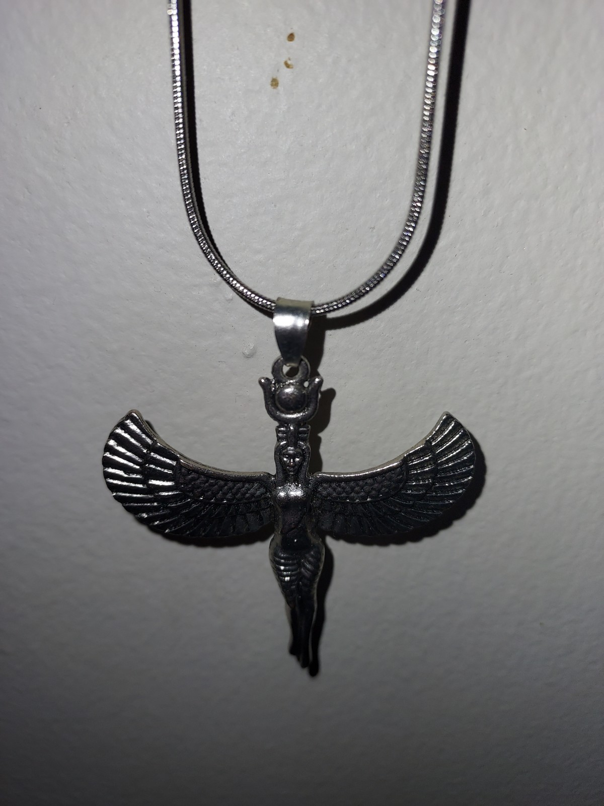 Isis Goddess Pendant Necklace Egyptian Winged Amulet Silver Chain Mythology