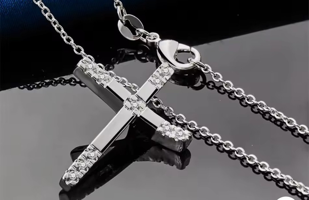 Rhinestone Cross Pendant Necklace Silver Plated Cable Chain, Crystal, Lobster