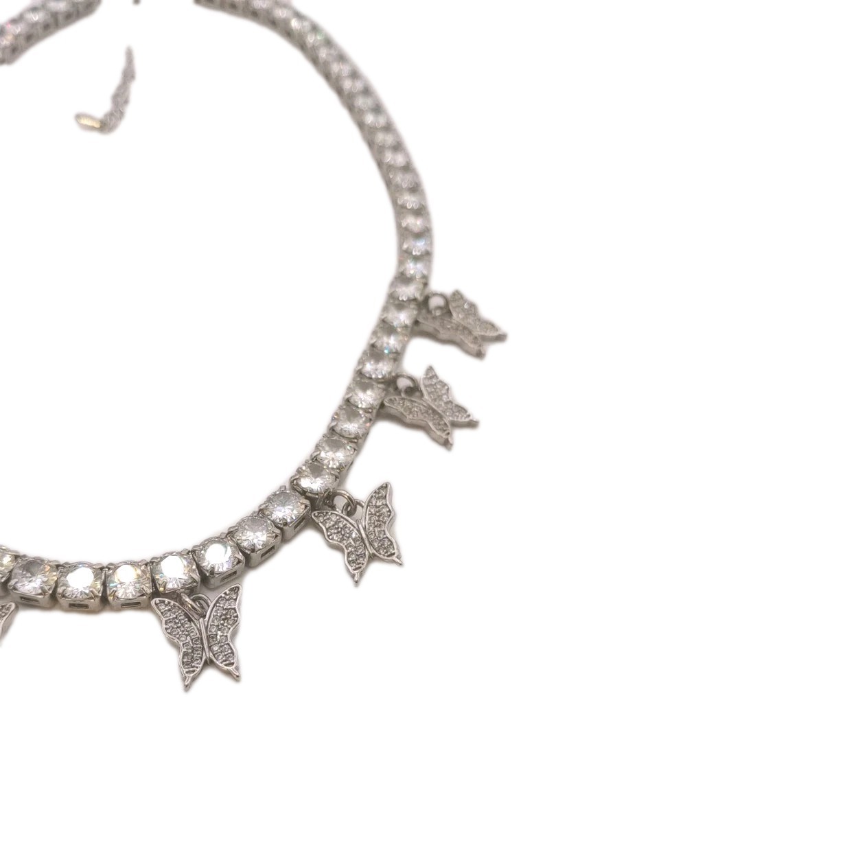 Clear Butterfly Charm Necklace Rhinestone Silver Tone Adjustable 13 to 15 in