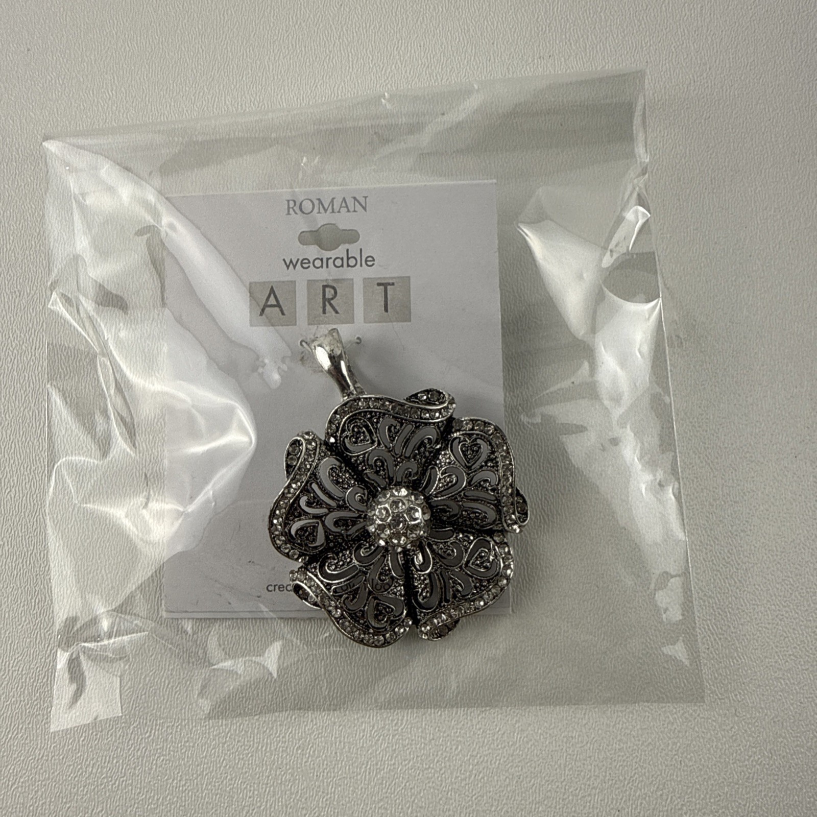 Wearable Art By Roman Silver Flower with Rhinestones Magnetic Closure NWT