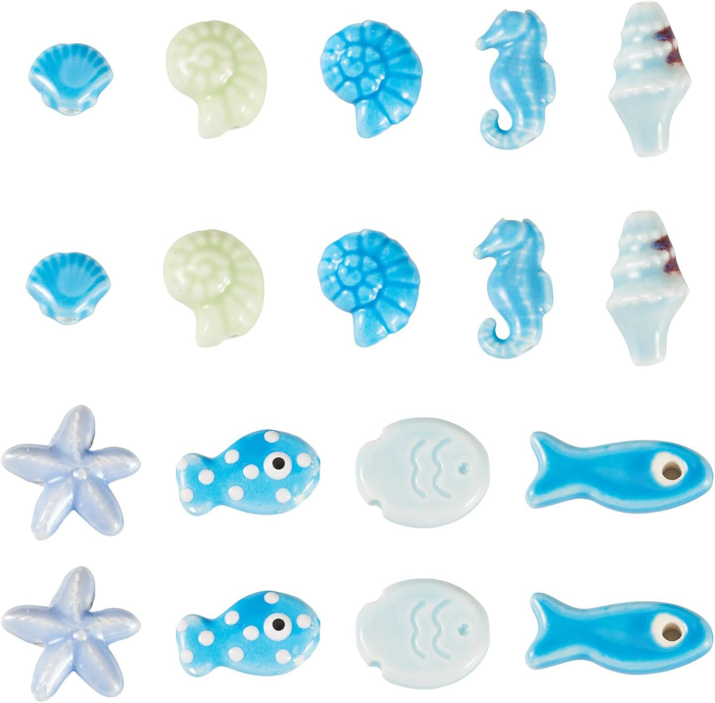 36Pcs Summer Beach Theme Porcelain Beads Blue Shell Starfish Fish Sea Horse Conc