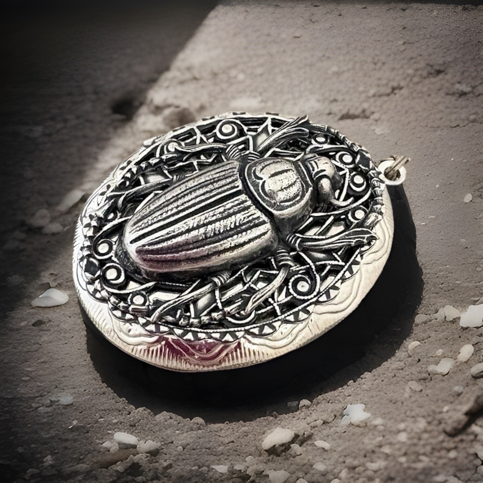 Scarab Beetle Locket Necklace, Memorial Ashes Photo Keepsake Art Nouveau Pendant