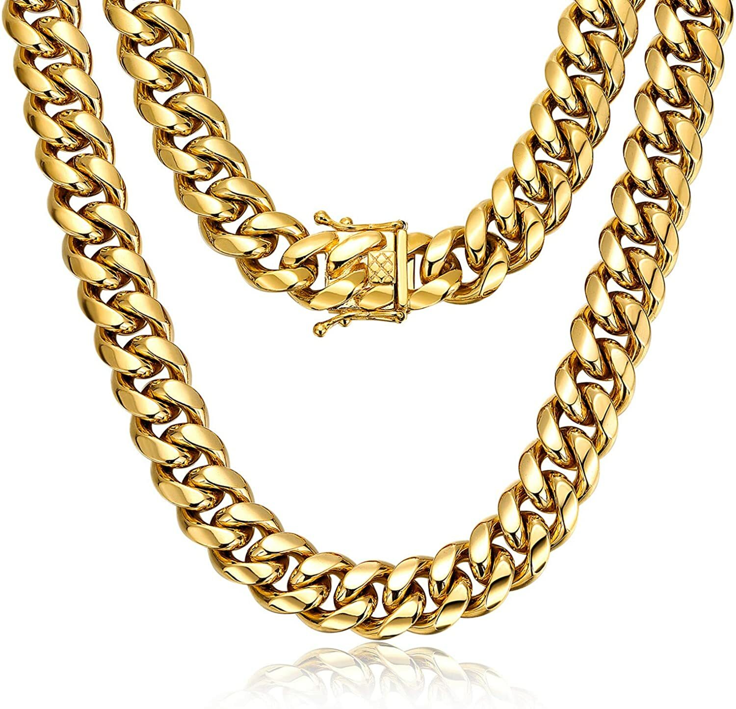 Heavy Gold Plated Stainless Steel Miami Cuban Link Curb Necklace 14mm 18-30 inch