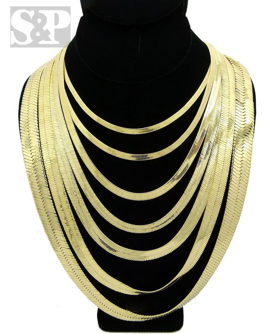 Hip Hop 14K Stamped Herringbone Gold PT 4mm to 14mm, 20″ 24″ 30″ Chain Necklace