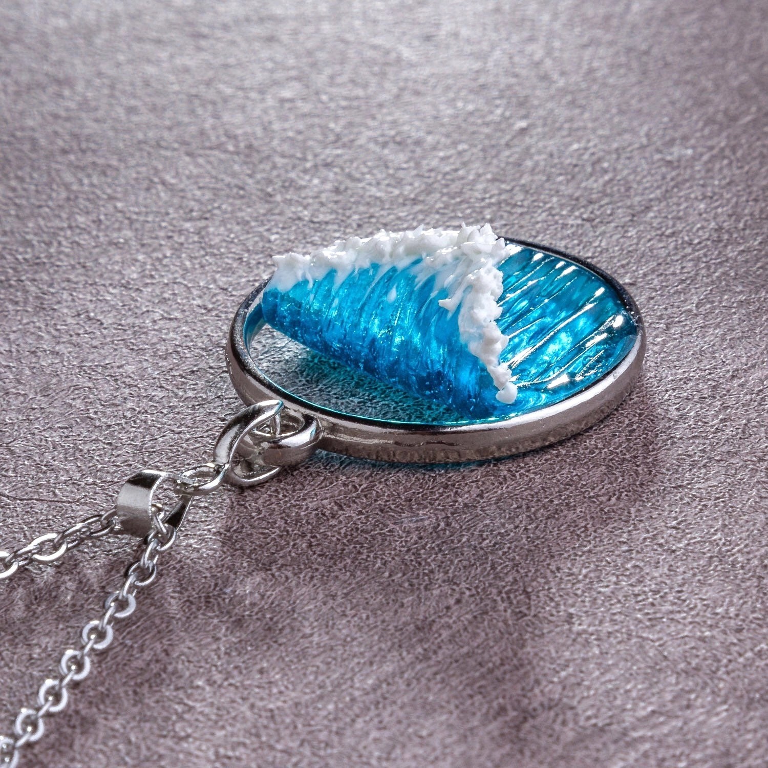 **Handmade Silver Ocean Wave Necklace Resin Sea Jewelry Gift for Her**