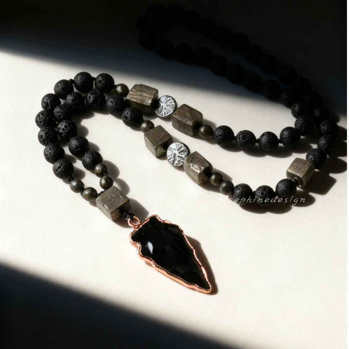 Lava Rock Volcano Stone Beaded Necklace with Natural Obsidian Arrowhead Pendant