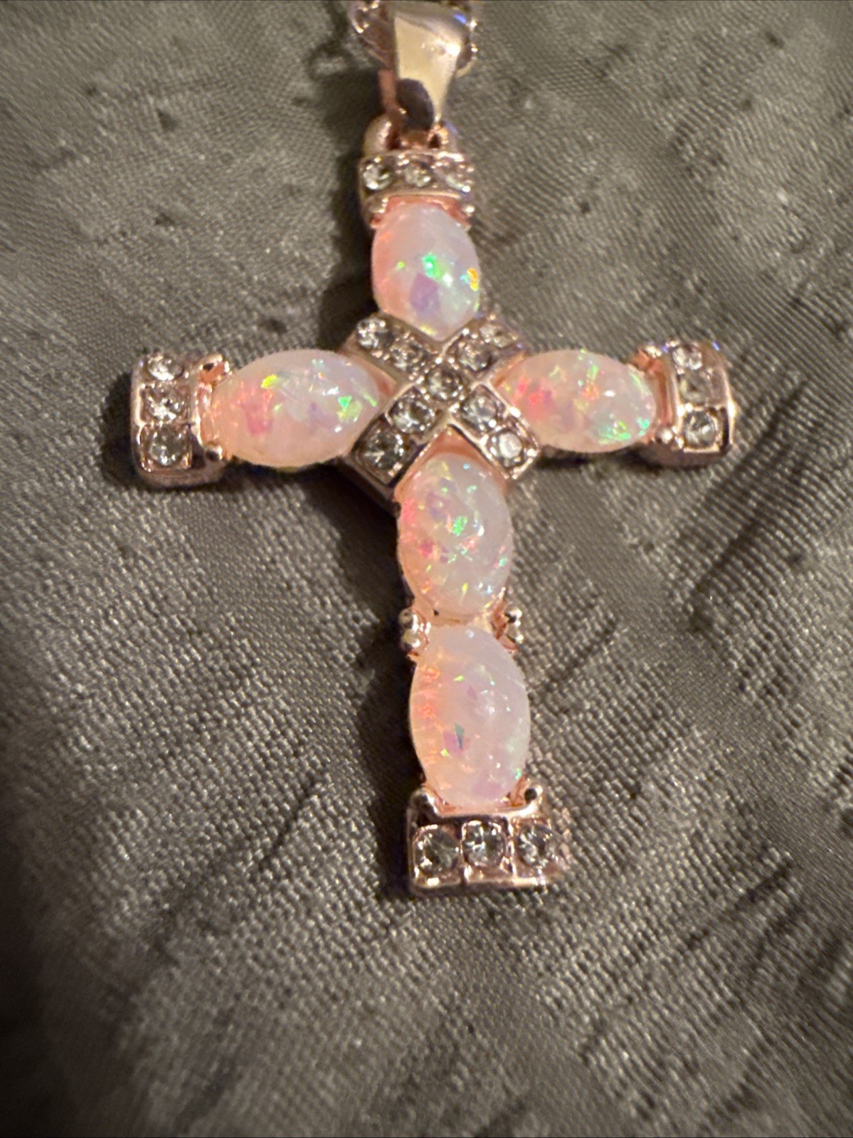 Rose Golden Hip Hop Pinkish Blue Glass Stones Cross Necklace W/rhinestones