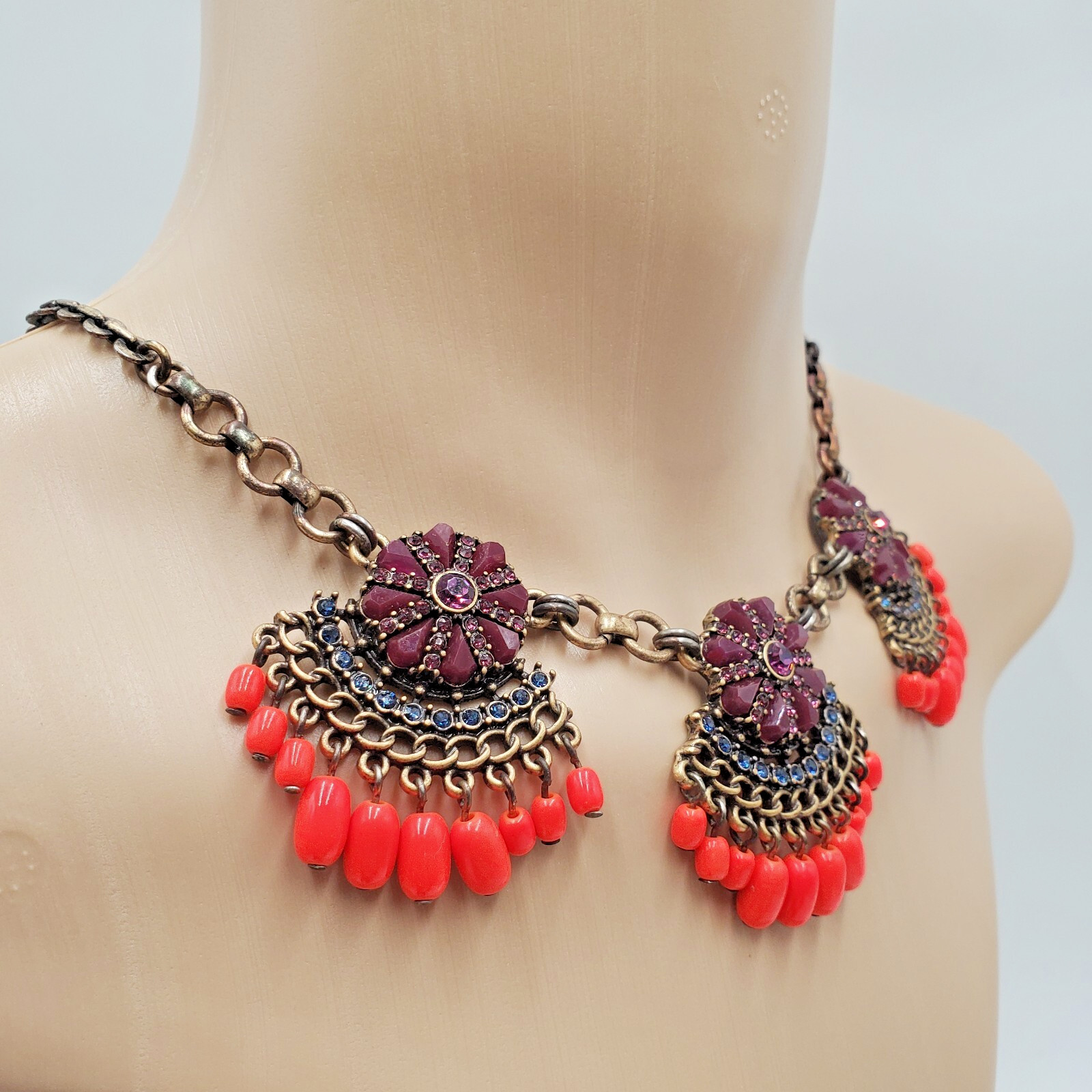 J Crew Necklace 18in +3 Brass Tone Neon Orange Bead Purple Crystals READ Flaw