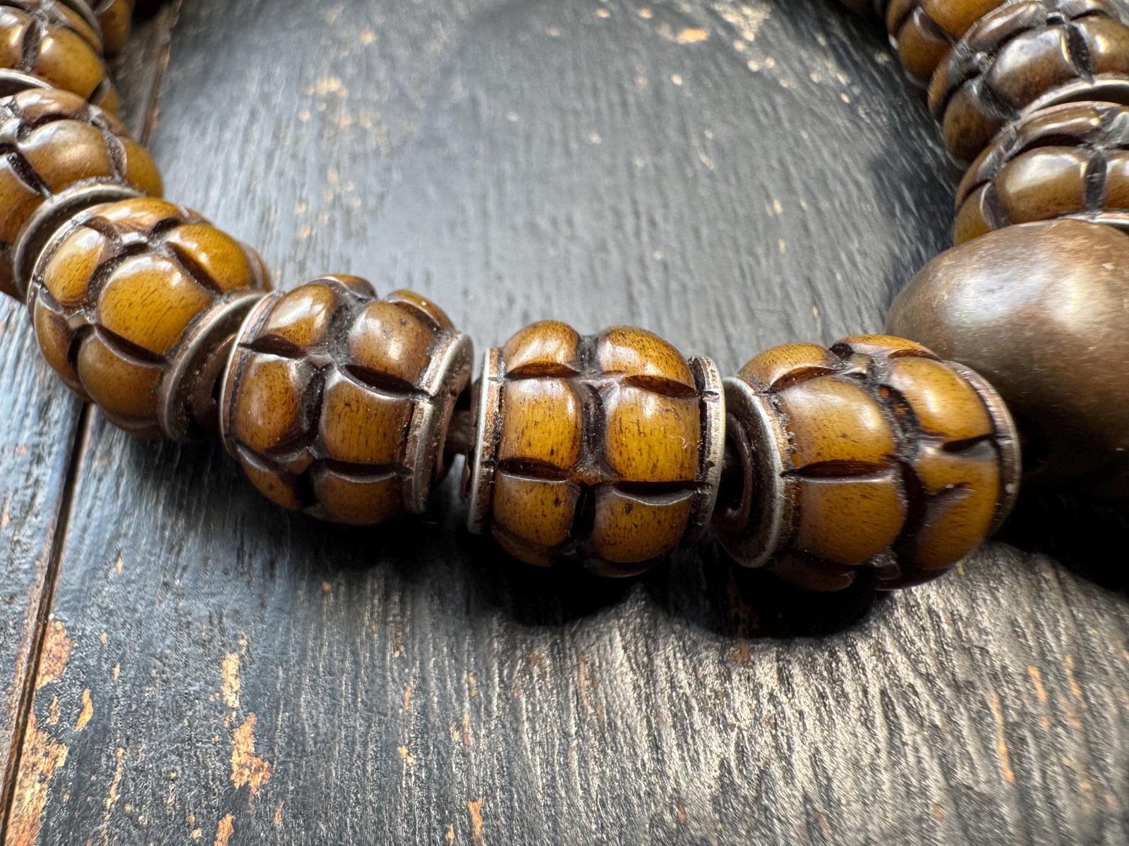 Tibetan Lotus Carved Yak Bone Adjustable Mala Bracelet | Handcrafted Buddhist J