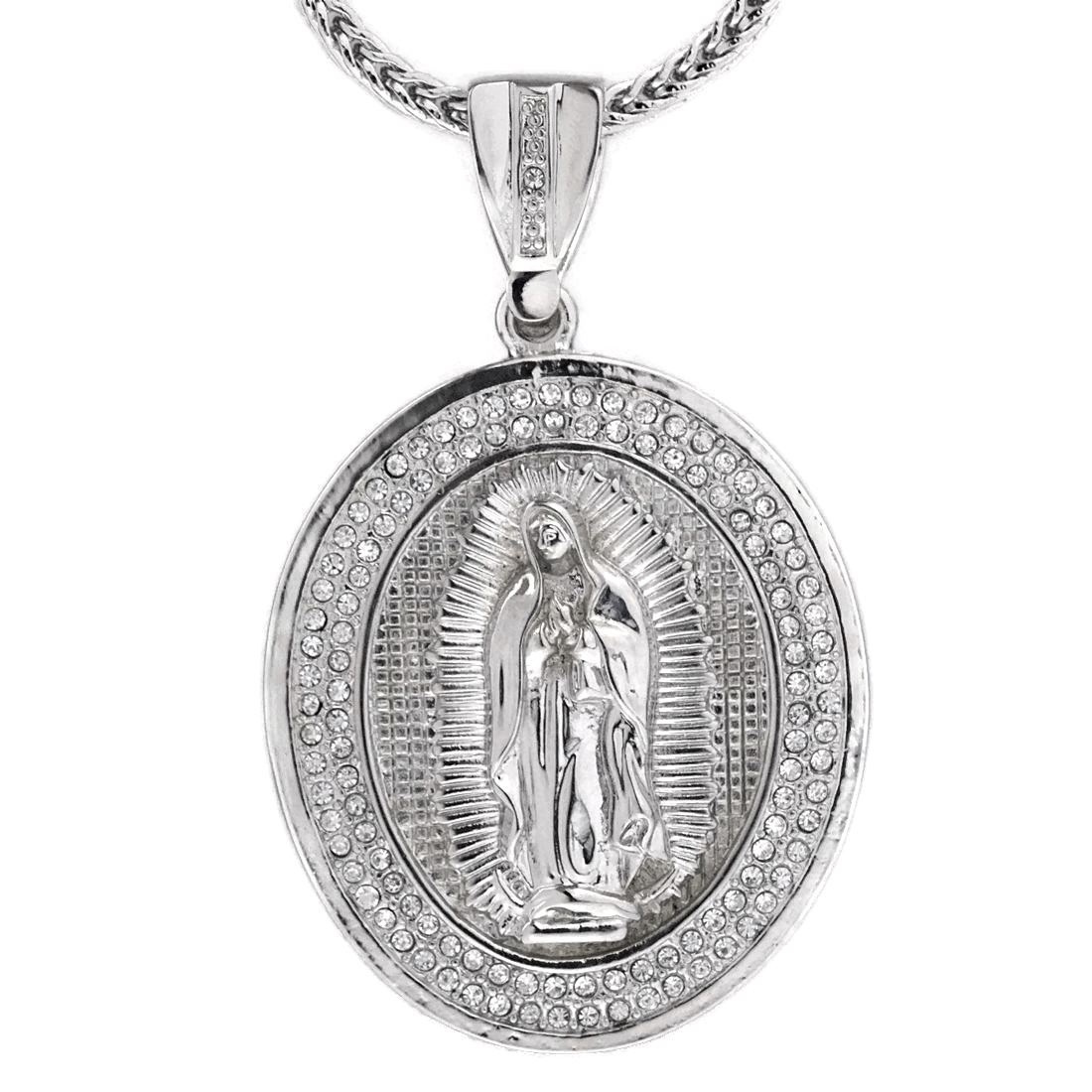 Virgin Mary Iced Simulated CZ Virgen De Guadalupe Silver Tone Franco Chain 36″