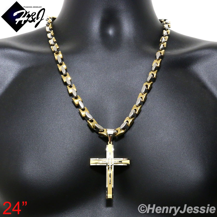 18-40″MEN Stainless Steel 8mm Silver/Gold Plated Interlock Chain Cross Pendant*A