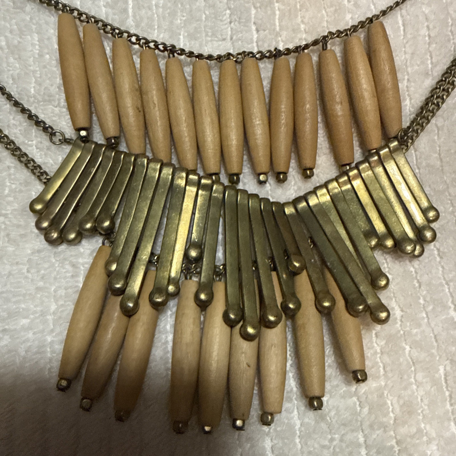 Y2K Boho Statement Necklace Brass and Wood Beads. 16″ Long