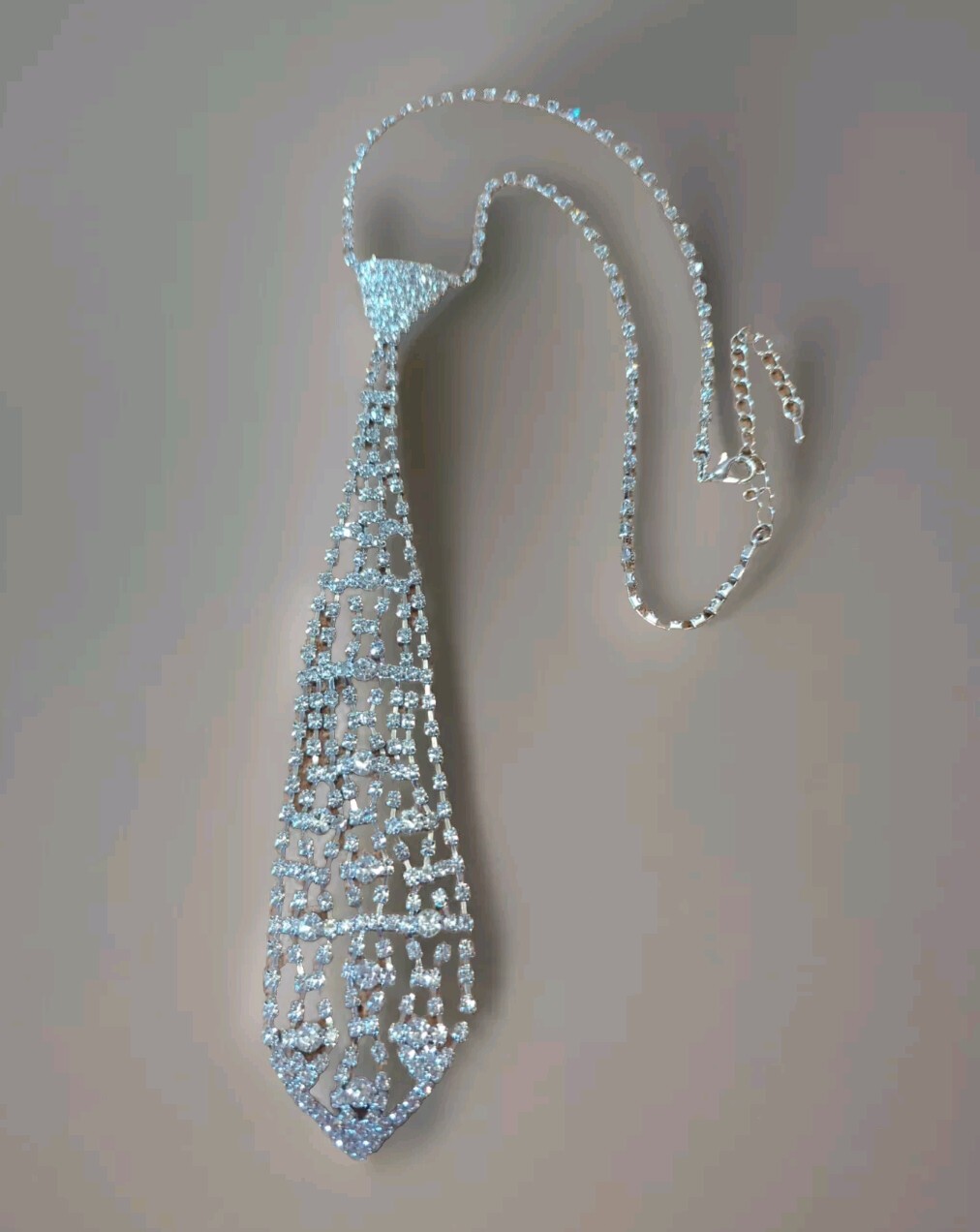 Rhinestone Necktie Silver Tone Necklace 16″ + 7″ Sparkly Dangle Tie Valentines