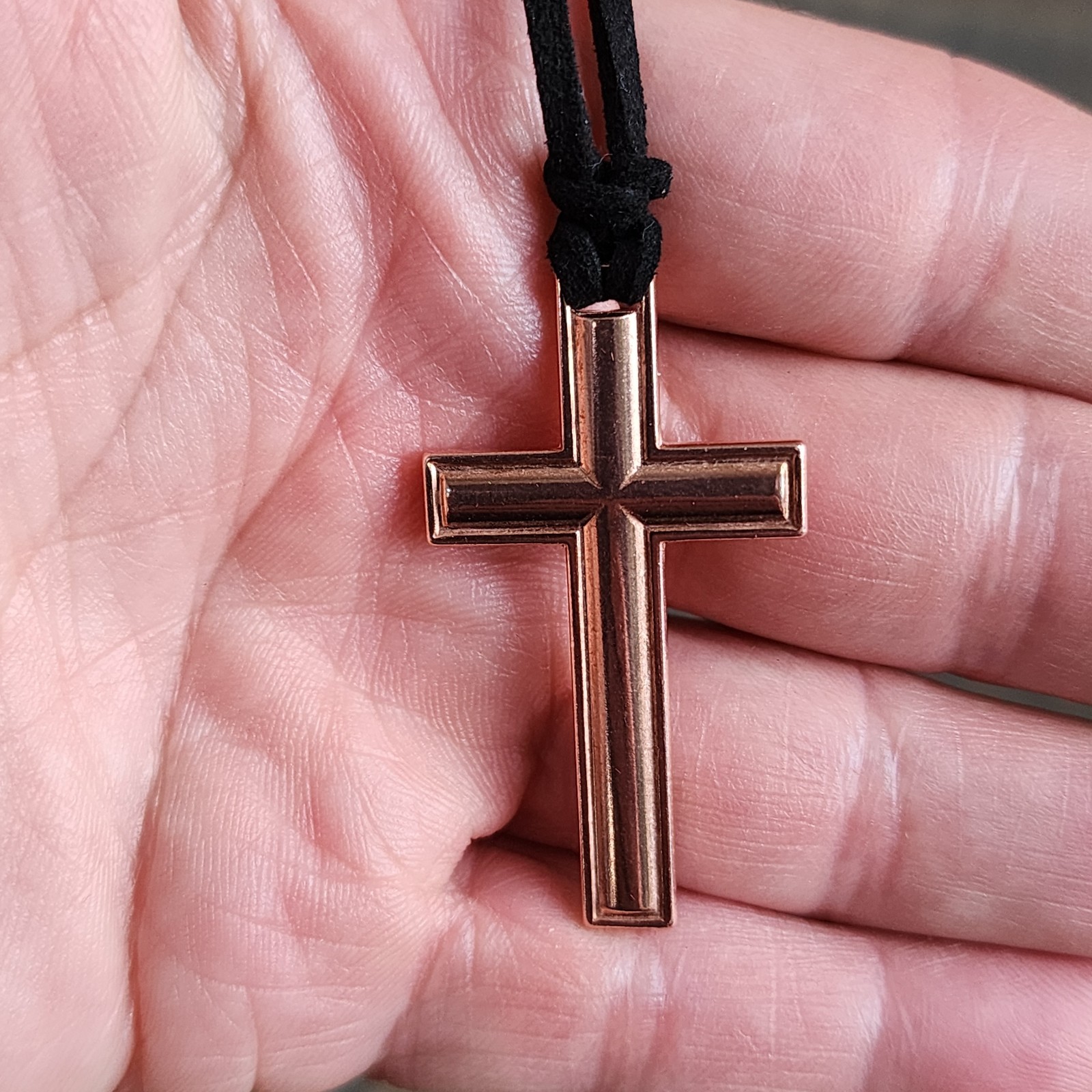 Pure Copper Cross Pendant Necklace – Adjustable Black Rope Cord, Handcrafted