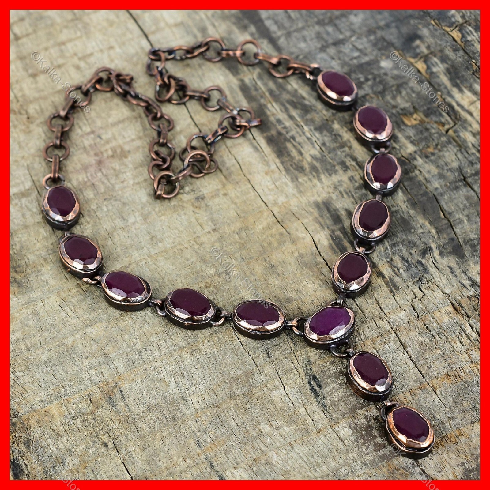 Copper Natural Kashmir Rubi Bezel Chain Electroformed Artisan Necklace Jewelry
