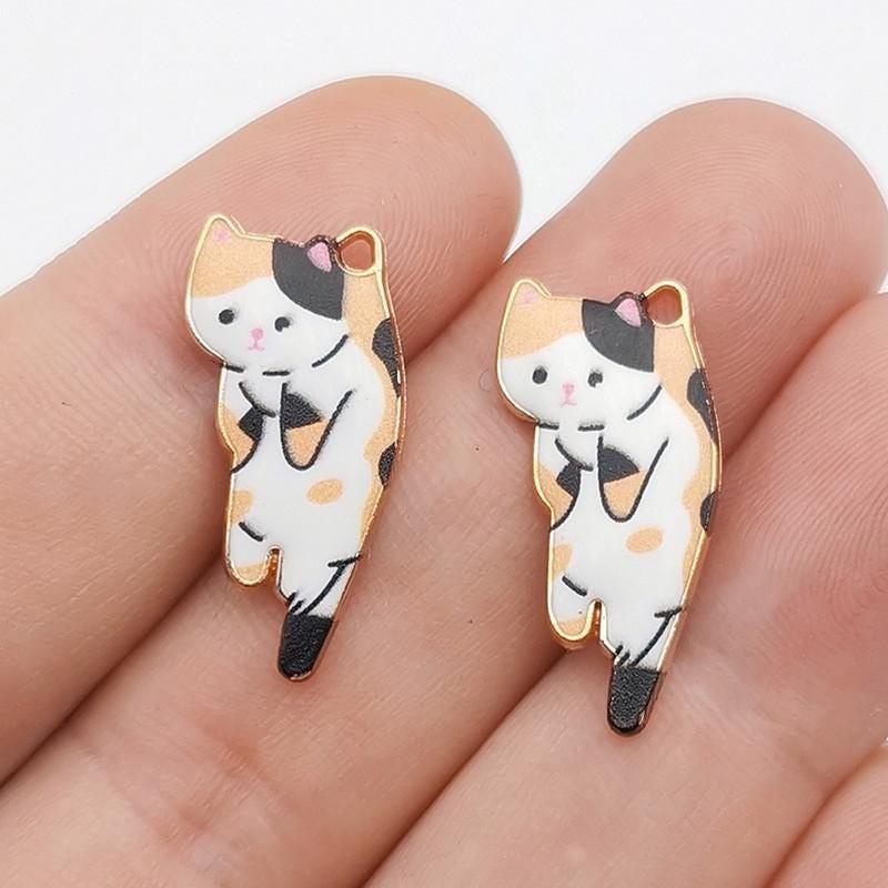 12PCS Gold Tone Enamel CAT Charm Pendant, Halloween Charms 12X25mm LCRG12